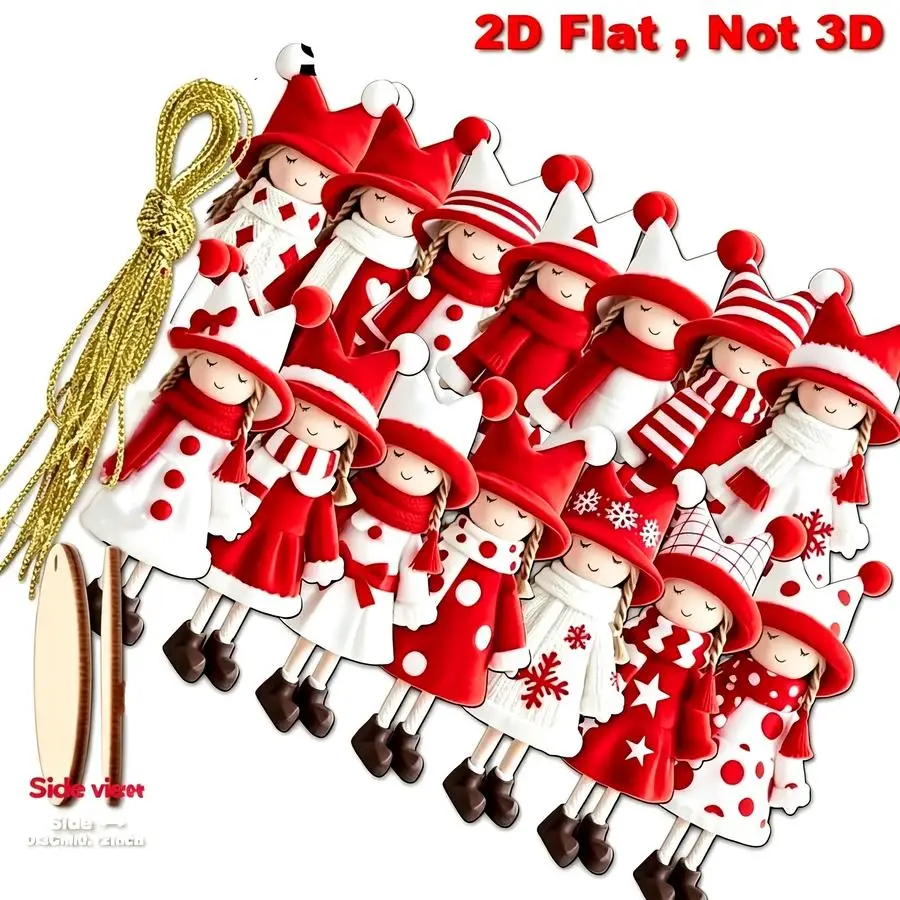 1/5/10/20/50/100pcs 2D Design, 2D Design - 14-Piece Classic Red and White Wooden Christmas Hat Hanging Set - Tree Decorations, T
