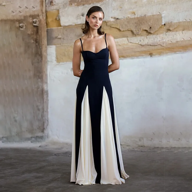 European and American Socialite Style Low-cut Contrast Long Skirt Fashionable Women's Temperament Suspender Loose Vacation Dress
