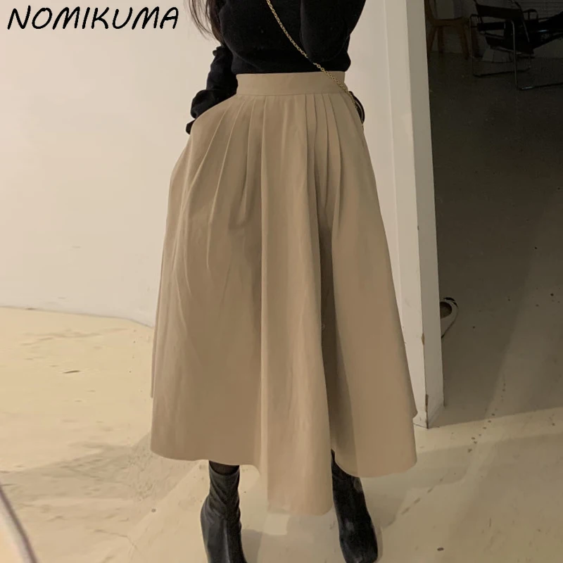 

Nomikuma Korean Winter Retro High Waisted Slimming Versatile Solid Color A-line Skirt Fashion Elegant Causal Long Skirts Mujer