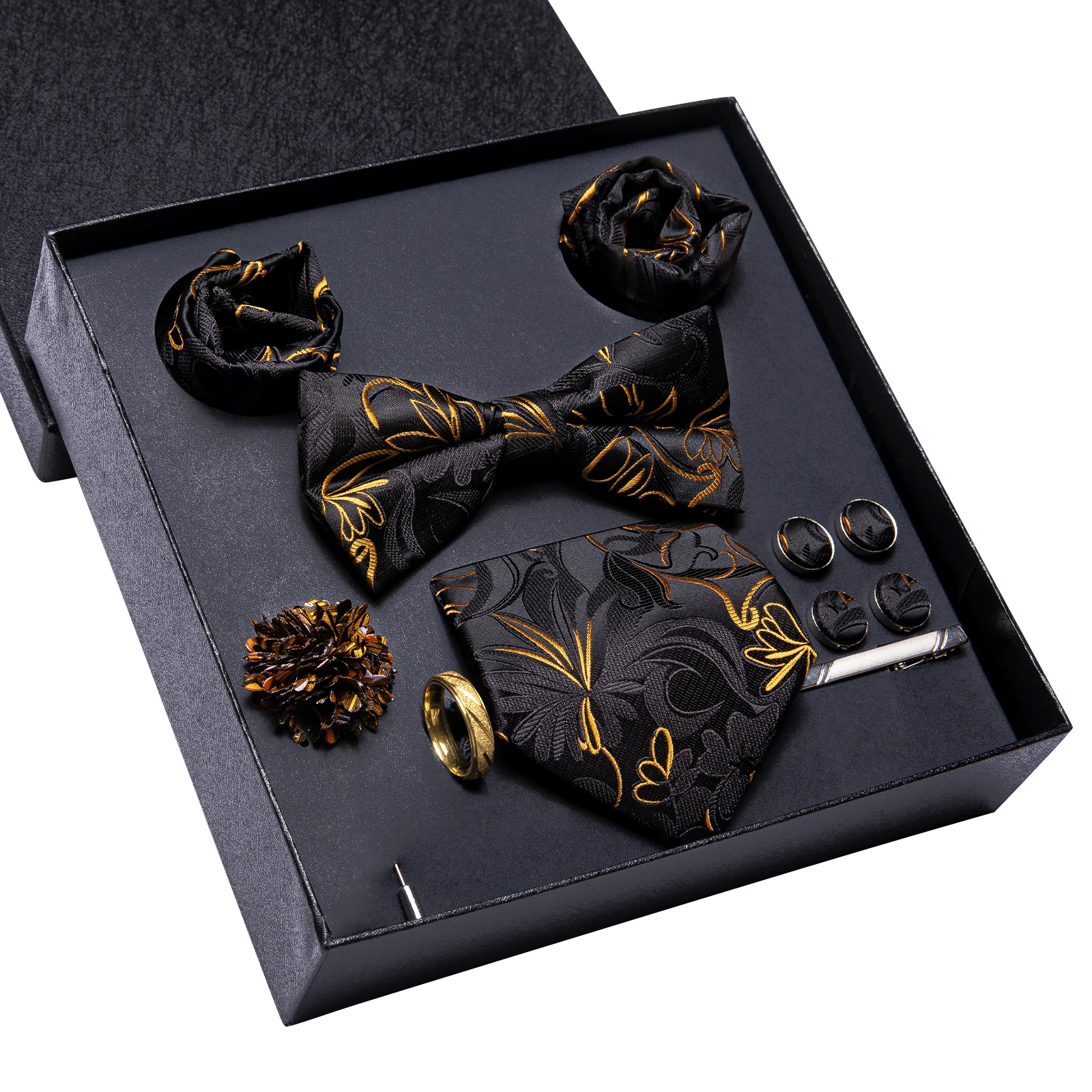 

Роскошная подарочная коробка Hi-Tie, черное золото, галстук с цветочным узором, мягкий мужской носовой платок, набор запонок, свадебное высокое качество