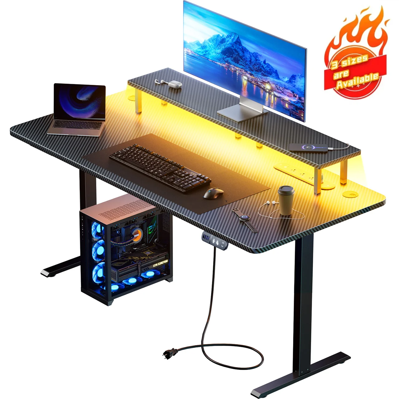 NEBMAAX Electric Height-Adjustable Gaming Desk with LED Lighting; Sit-Stand Computer Desk Featuring a Monitor Mount and Power Outlet; Ergonomic Gaming Workstation Ideal for Home Offices; Black