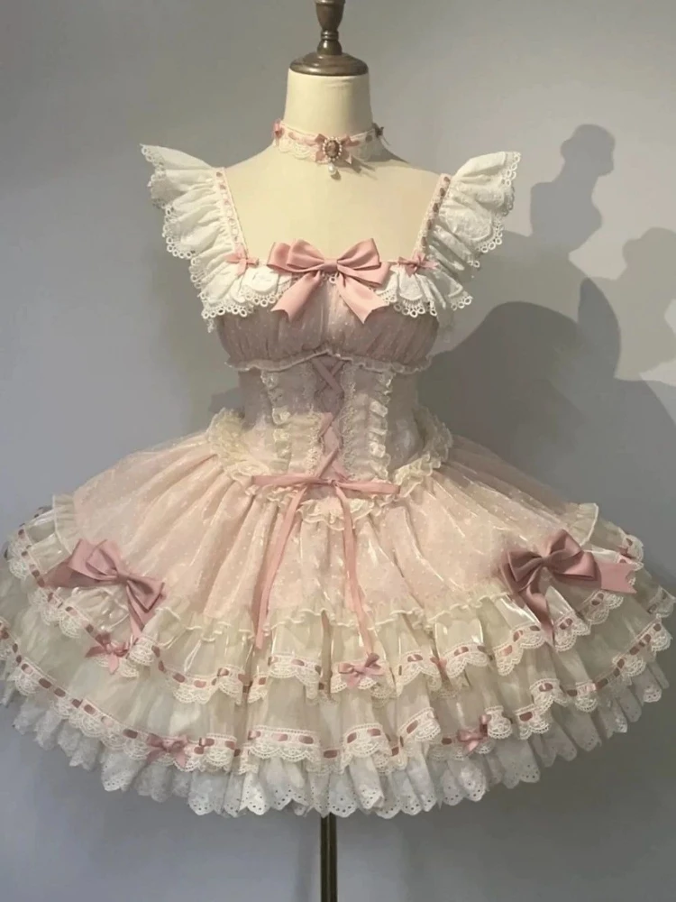 Japanese Sweet Lolita Kawaii Fluffy Dress Women JK Lovely Ballet Princess Cake Dresses Harajuku Lace Bow Patchwork Cute Outfit - Image 2