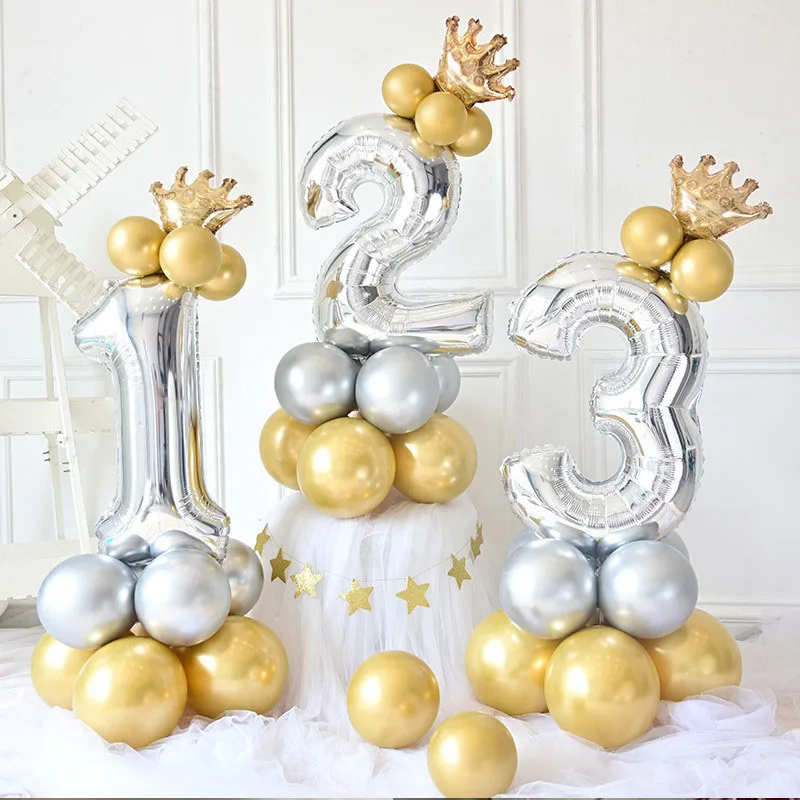 13pcs Chrome Gold Silver Pink Blue Number Foil Balloon Happy Birthday Party Decorations Kids Boy Girl 1 2 3 4 5 6 7 8 9 Year Old