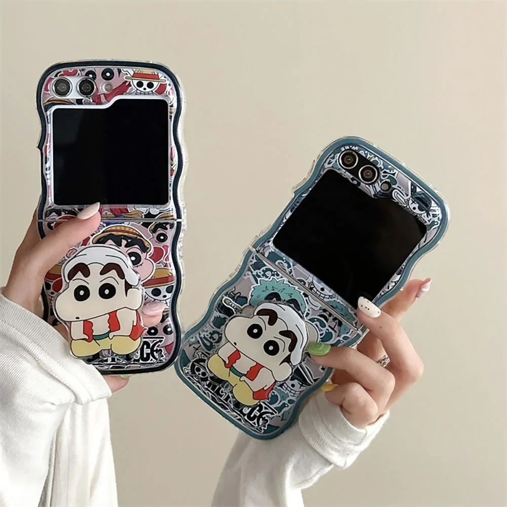 Cartoon S-Shin-chans With Stand Phone Case for Samsung Galaxy Z Flip 3 4 5 Z Flip 6 5G PC Hard Anti-fall Back Cover Anti-fall