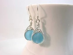Sterling silver seaglass earrings light blue herringbone wire wrapped cultured sea glass beads argentium silver