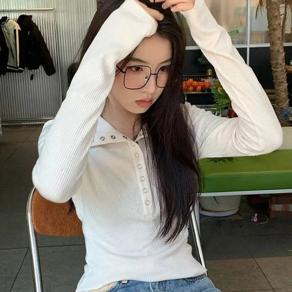 

Осенне-зимние вязаные пуловеры с длинными рукавами, женская футболка на пуговицах Y2K High Street для женщин, винтажные однотонные топы в рубчик