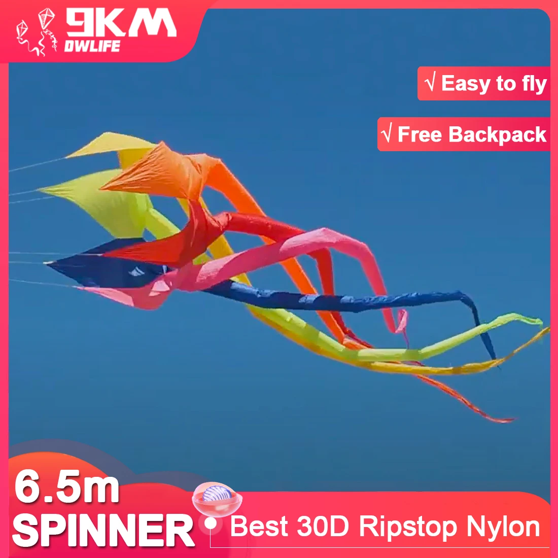 

9KM 6.5m Spinner Kite Tails Line Laundry 30D Ripstop Nylon with Bag for Kite Festival (Accept wholesale)