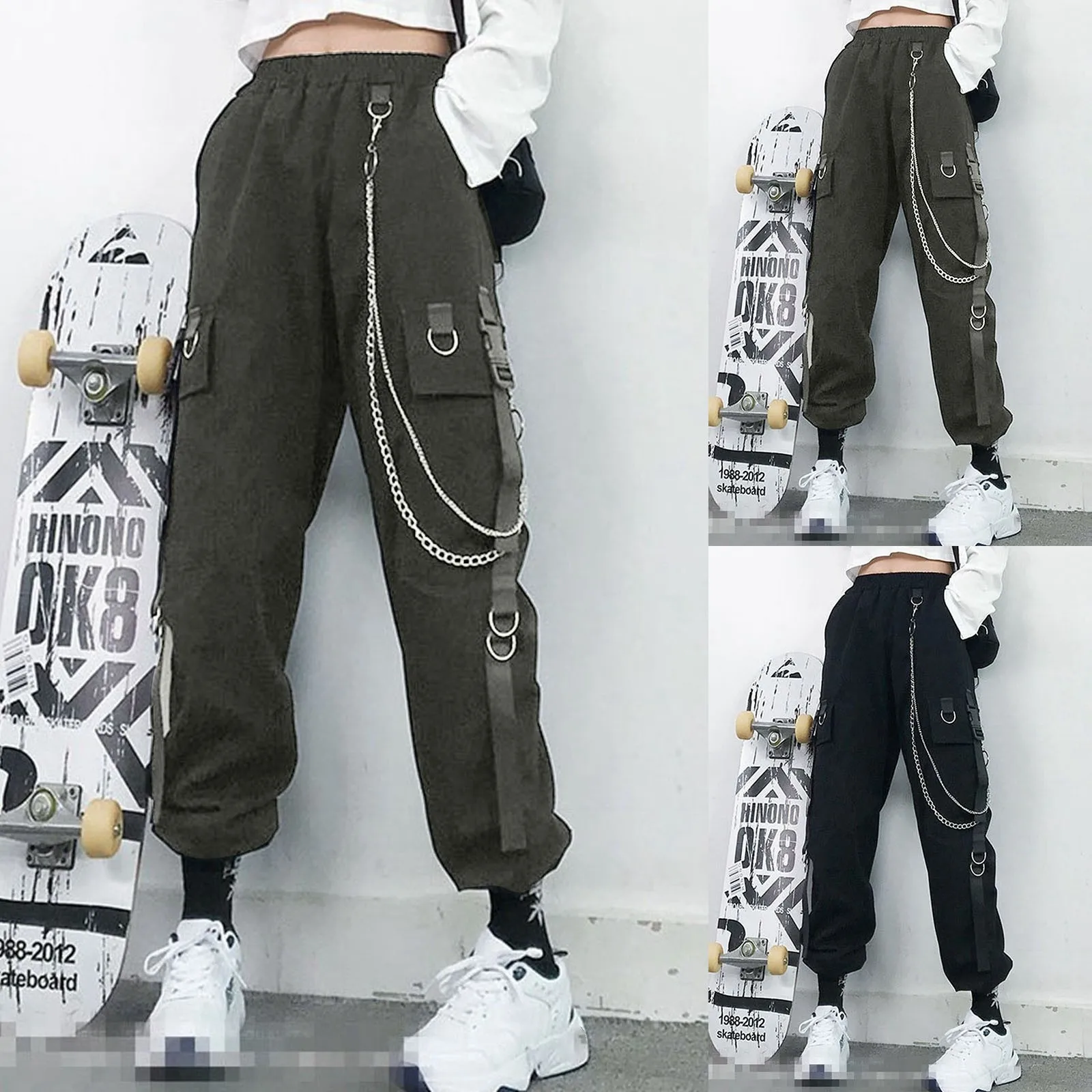 New Women's Black Cargo Pants Slimming High-waisted Straight-leg Long Trousers Autumn Punk Goth Handsome Hip Hop Streetwear