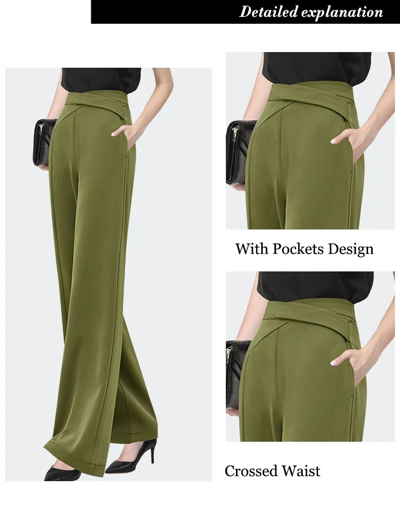 Fashion Army Green Women\' Suit Pants 2022 Spring Summer Lightweight High Waist Long Trousers Loose Straight Wide Leg Pants