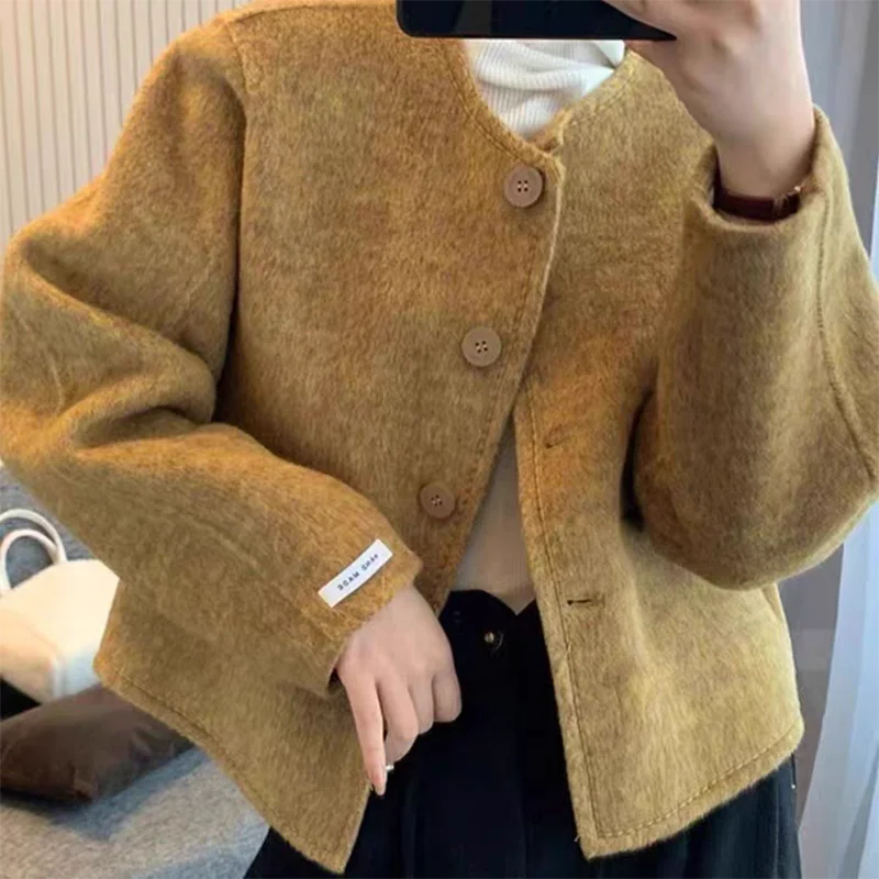 

2026 Women's Double-sided Cashmere Coat Short Loose O-Neck Outwear Chic Korean Style Luxury Wool Top for Autumn Winter