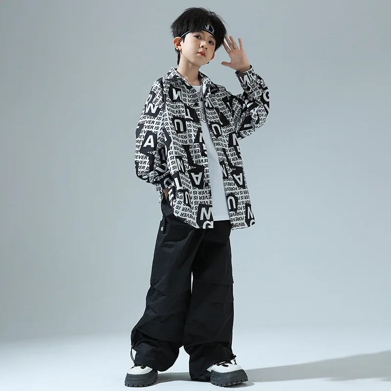 Kinder Street Dance Kostüm Brief Druck Hemden Hosen Sets für Jungen Mädchen Lange Ärmel Outfits Moderne Jazz Bühne Tragen