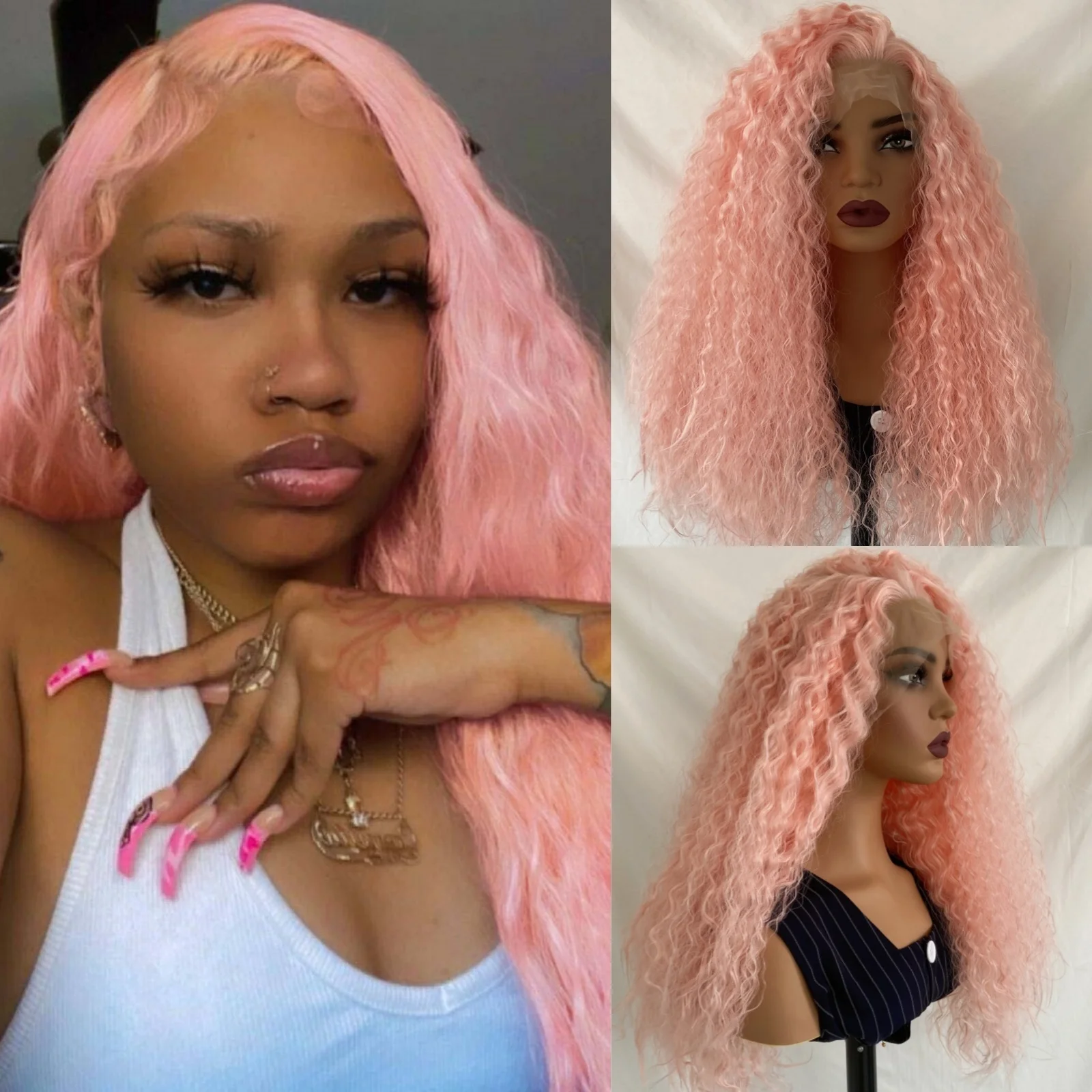 الرماد شقراء مجعد الاصطناعية الدانتيل شعر مستعار أمامي جزء مجاني طويل شقراء فضفاض مجعد 13X4 أمامي ألياف مقاومة للحرارة الباروكات للنساء #6