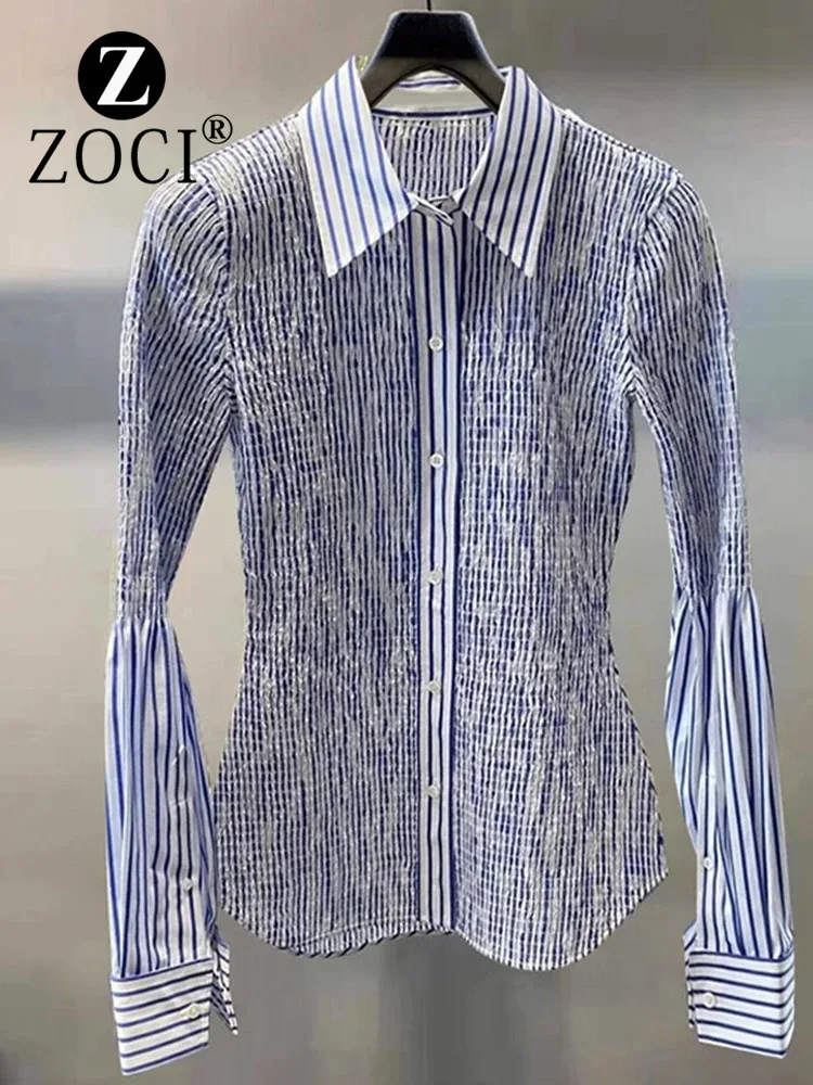 [ZOCI] 2024 New Elastic Wrinkle Top Slim Fit Design Striped Long Sleeve Shirt Women