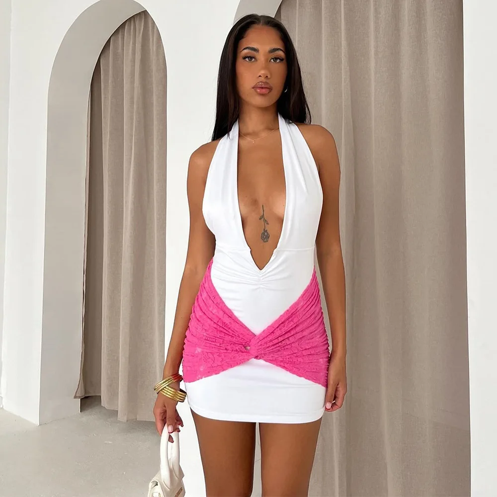 Vrouwen Sexy Twist Kant Patchwork Ruches Bodycon Mini Jurk Diepe V-hals Lace Up Halter Backless Slanke Nacht Clubwear Streetwear