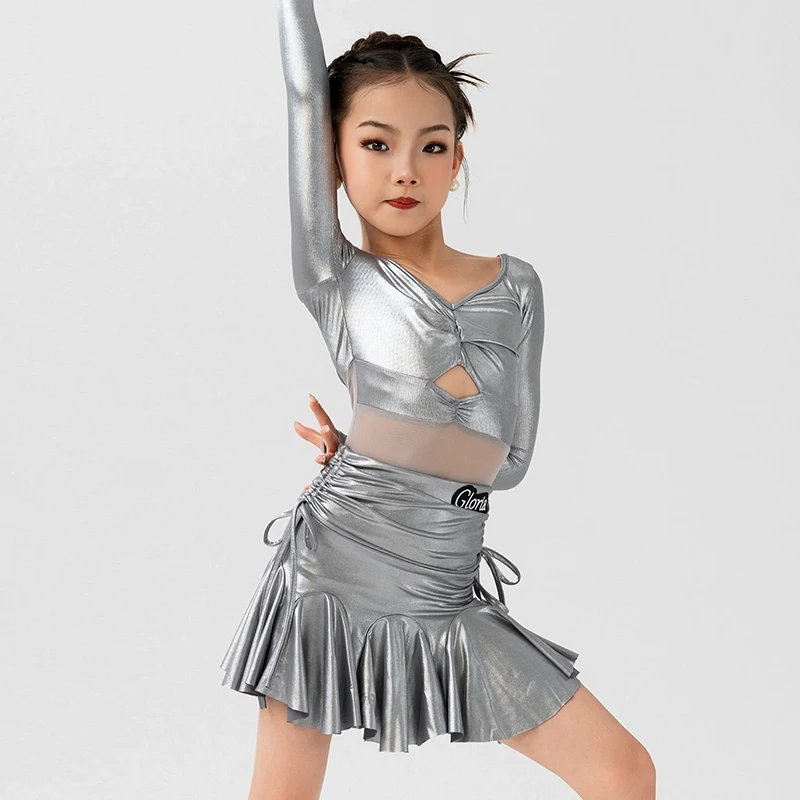 Silver Latin Dance Suit Girls Competition Performance Clothing Long Sleeve Cutout Bodysuit Ruffle Skirt Training Clothes VDL6042