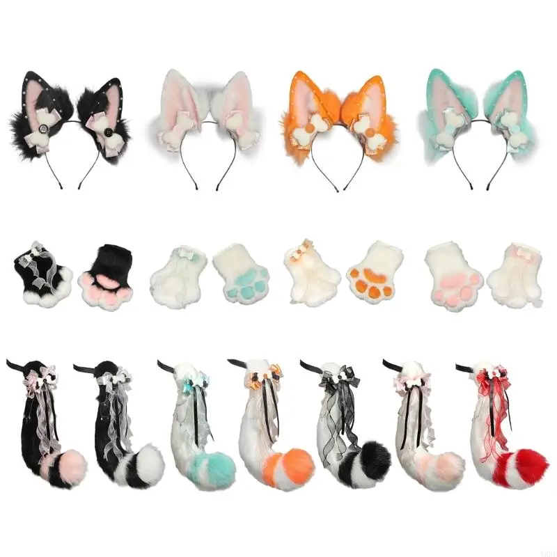 

Y3NE Foxes Costume Foxes Ear Headband Paws Gloves Tail Halloween Cosplay Costumes