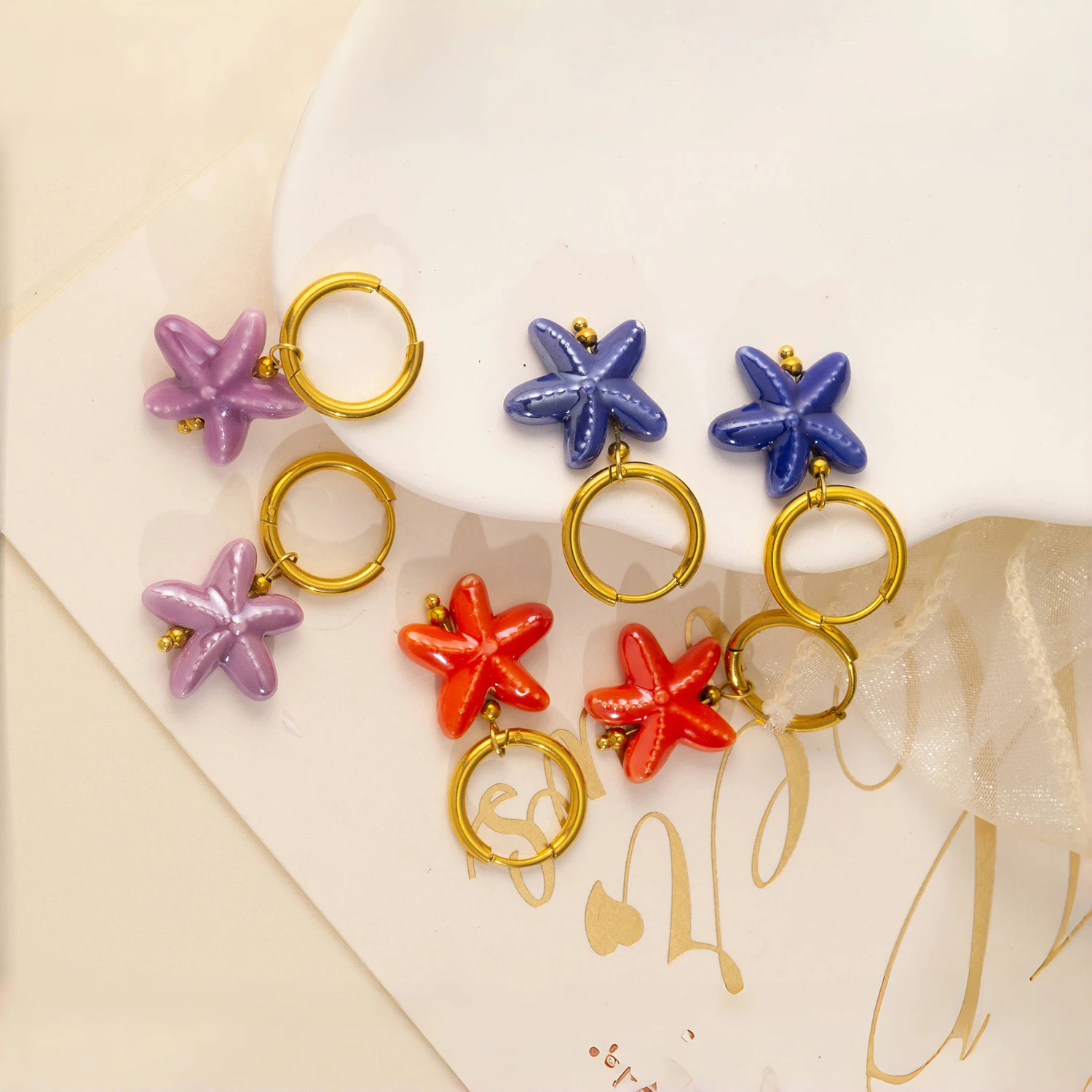 Ceramic Dopamine Starfish Earrings for Women Colorful Vibrant Pendant Youthful Hypoallergenic Stainless Steel  Jewelry Gift image 3