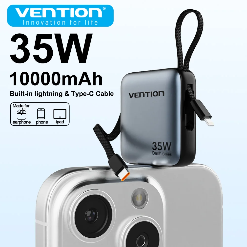بنك طاقة Vention 10000mAh 35W PD USB C شحن سريع بطارية Sapre خارجية محمولة كابل مدمج لهاتف iPhone Xiaomi Samsung