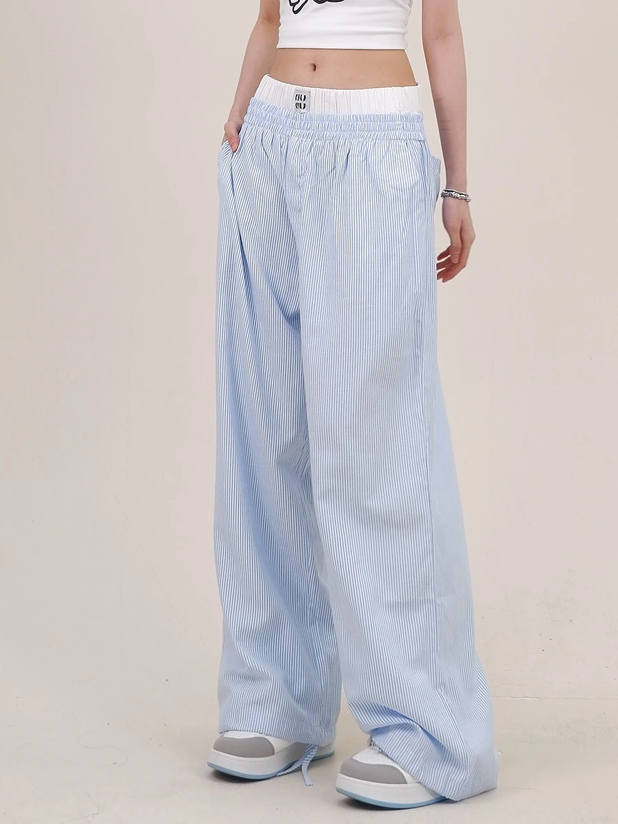 Fake Two Striped Casual Pants for Women's 2024 Summer New Loose Bf American Lazy Style Wide Leg