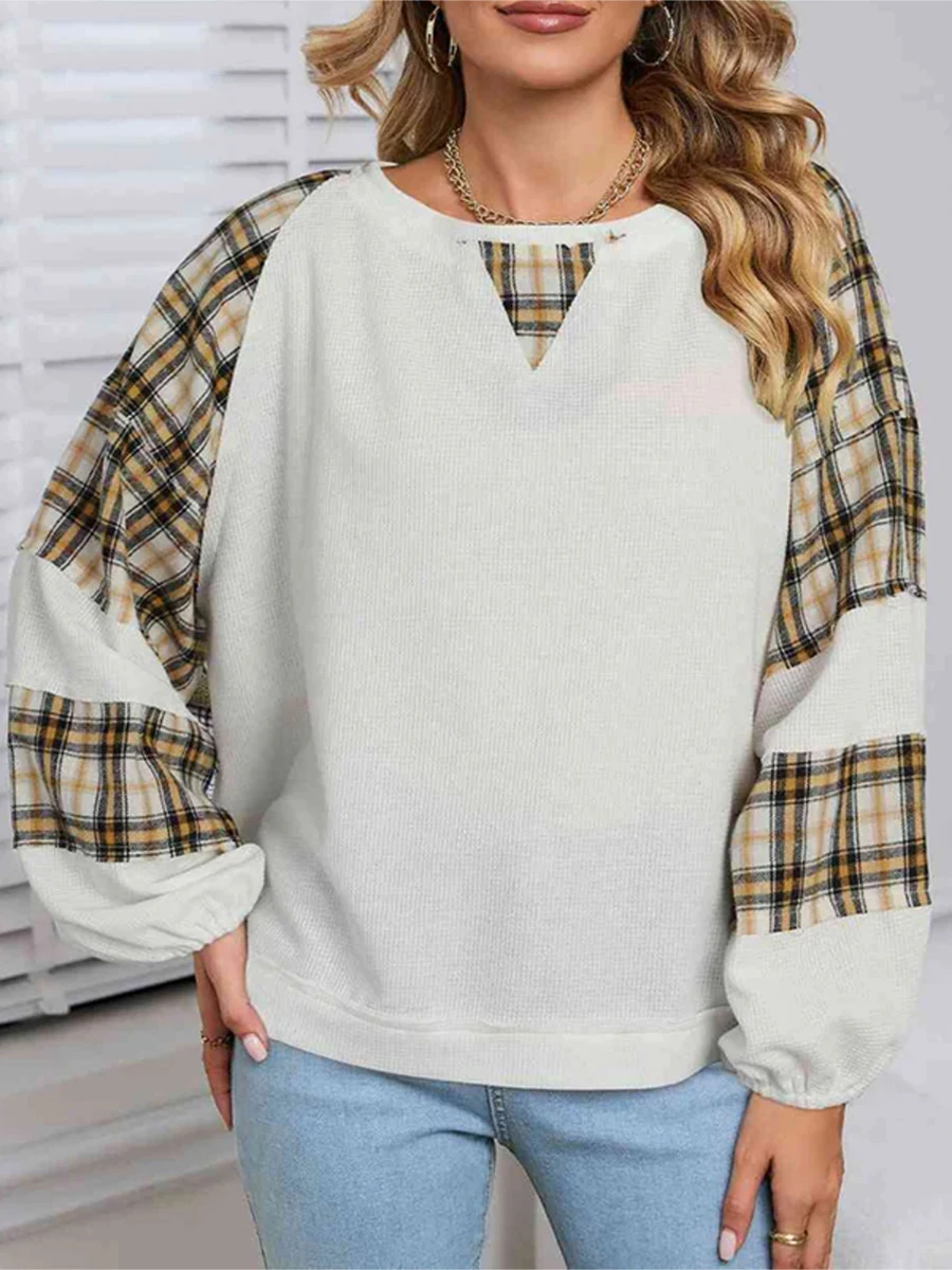 Women's Casual Loose Pullover Tops Plaid Print Patchwork Bat Long Sleeve Crew Neck Waffle Sweatshirt for Spring Fall