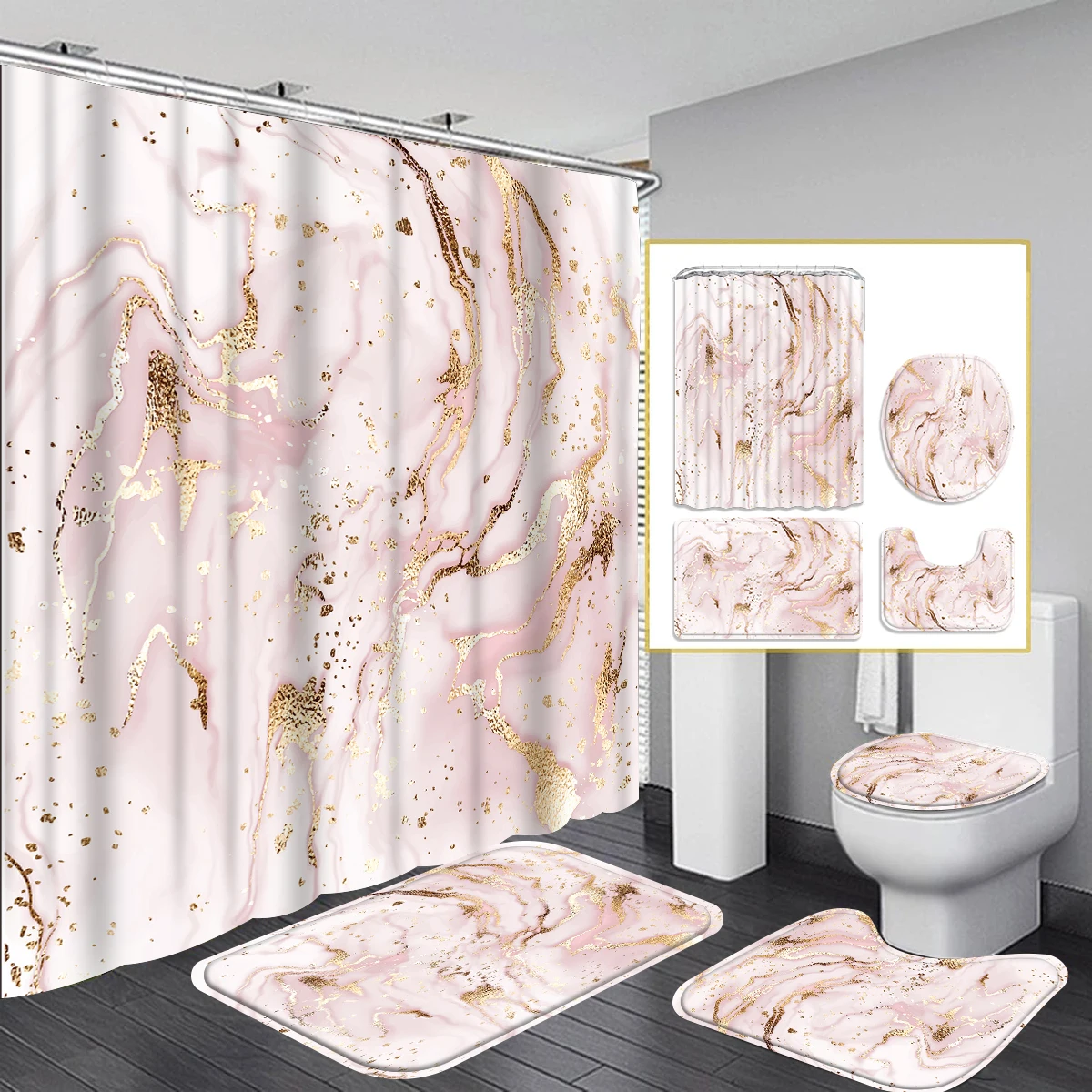 1/4PC pink quicksand simple pattern waterproof shower curtain or waterproof anti-slip shower curtain set, 12 free hooks