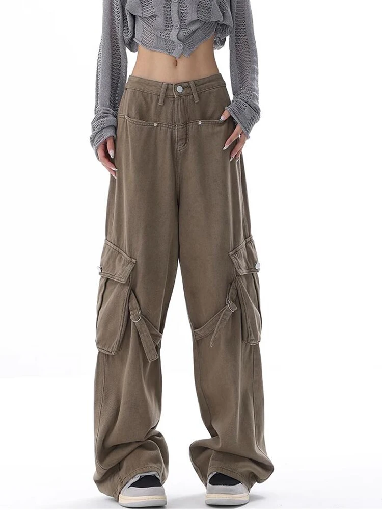 Vintage Pockets Cargo Jeans for Women Trendy High Waistd Wide Leg Denim Pants Casual Baggy Cargo Pants Y2K Boyfriend Trousers