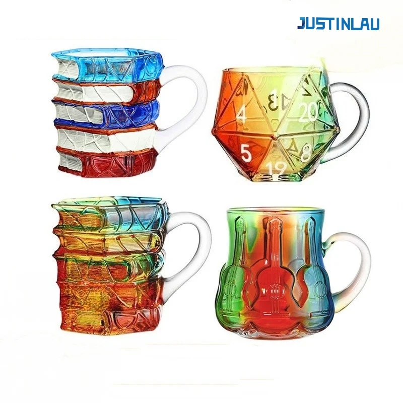 JUSTINLAU Kreativer bemalter Buchbecher aus Borosilikatglas, Trinkbecher mit Griff, Buchbecher, Bierkrug, Kaffeetasse, Frühstückstasse