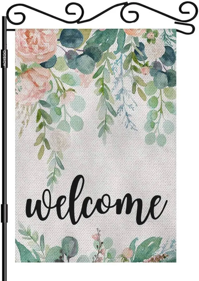 AOYEGO Welcome Watercolor Floral Garden Flag Small Vertical Double Sided 12.5 x 18 Inch Wreath Frame Vivid Flowers, Green Le SSL