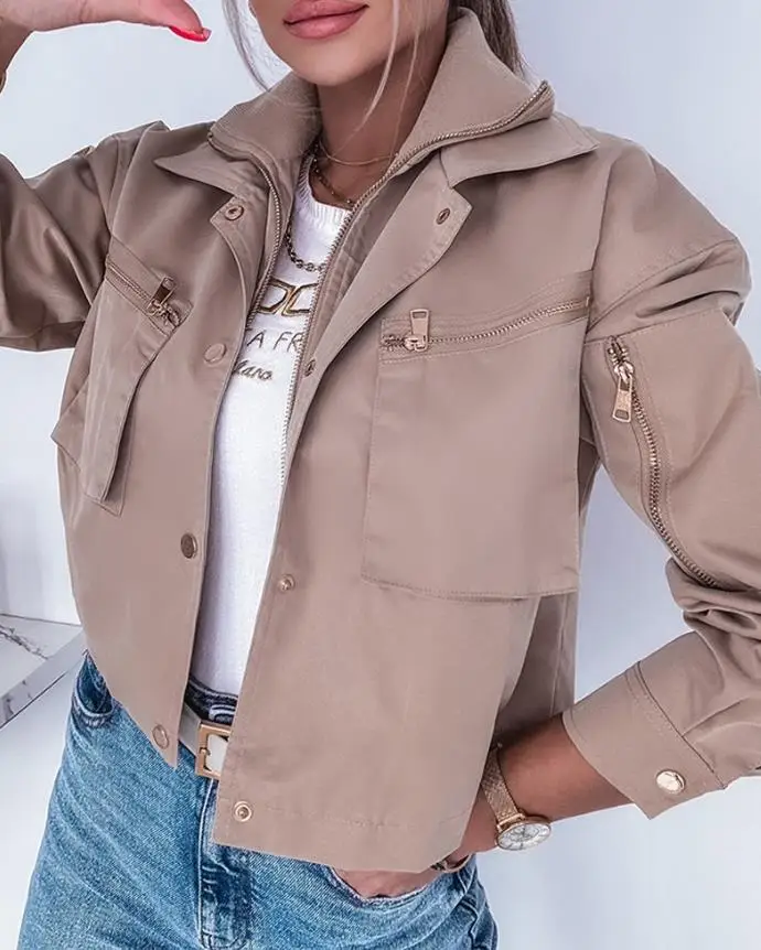 Women's Jackets Daily Clothing Autumn & Winter Cargo Pockets Button Front Crop Jacket Female Casual Thread Collar Windproof Coat