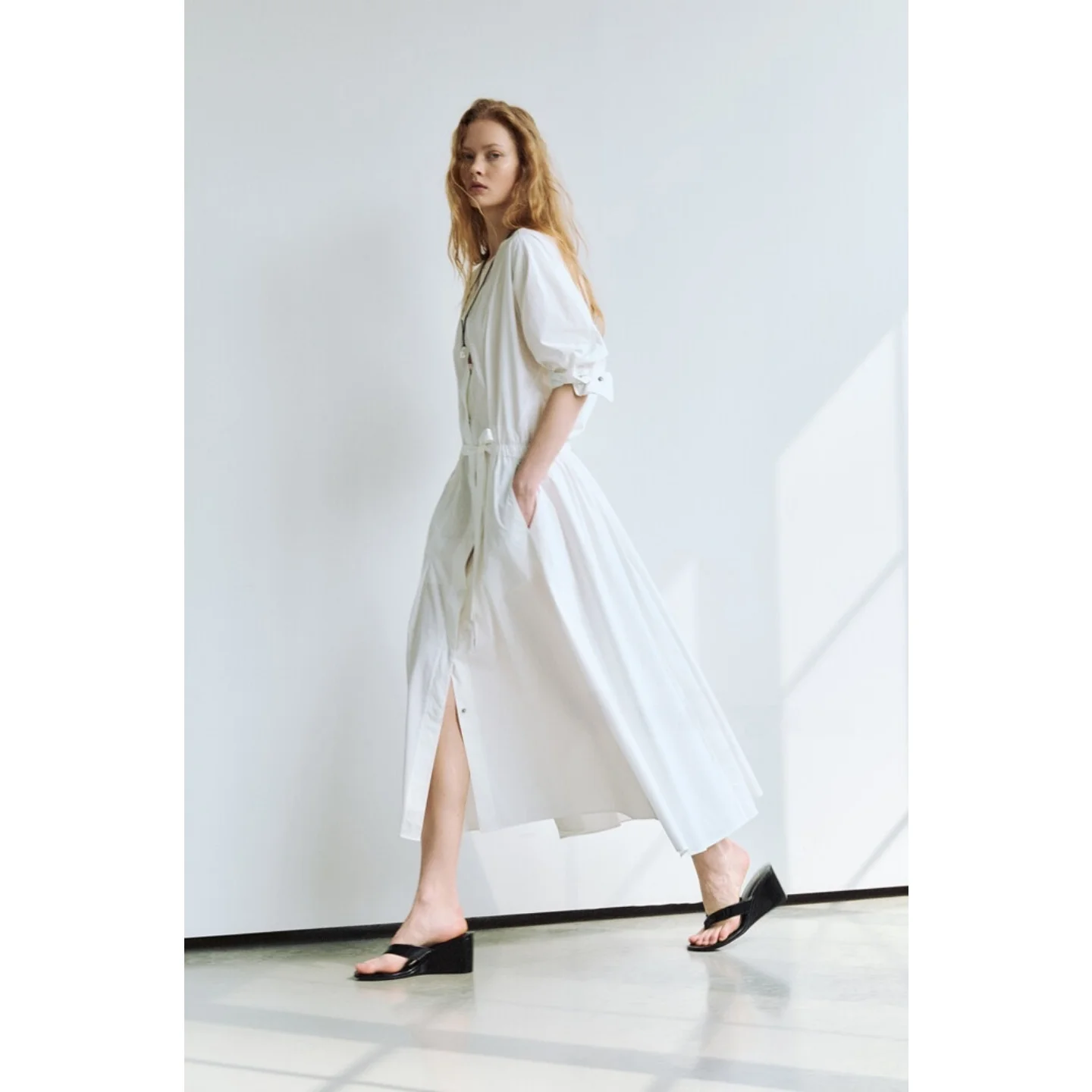 Adjustable Drawstring Waist Shirt Dress Asymmetrical Collar Long Women's Korean Style Commute Dress City Casual Fashion