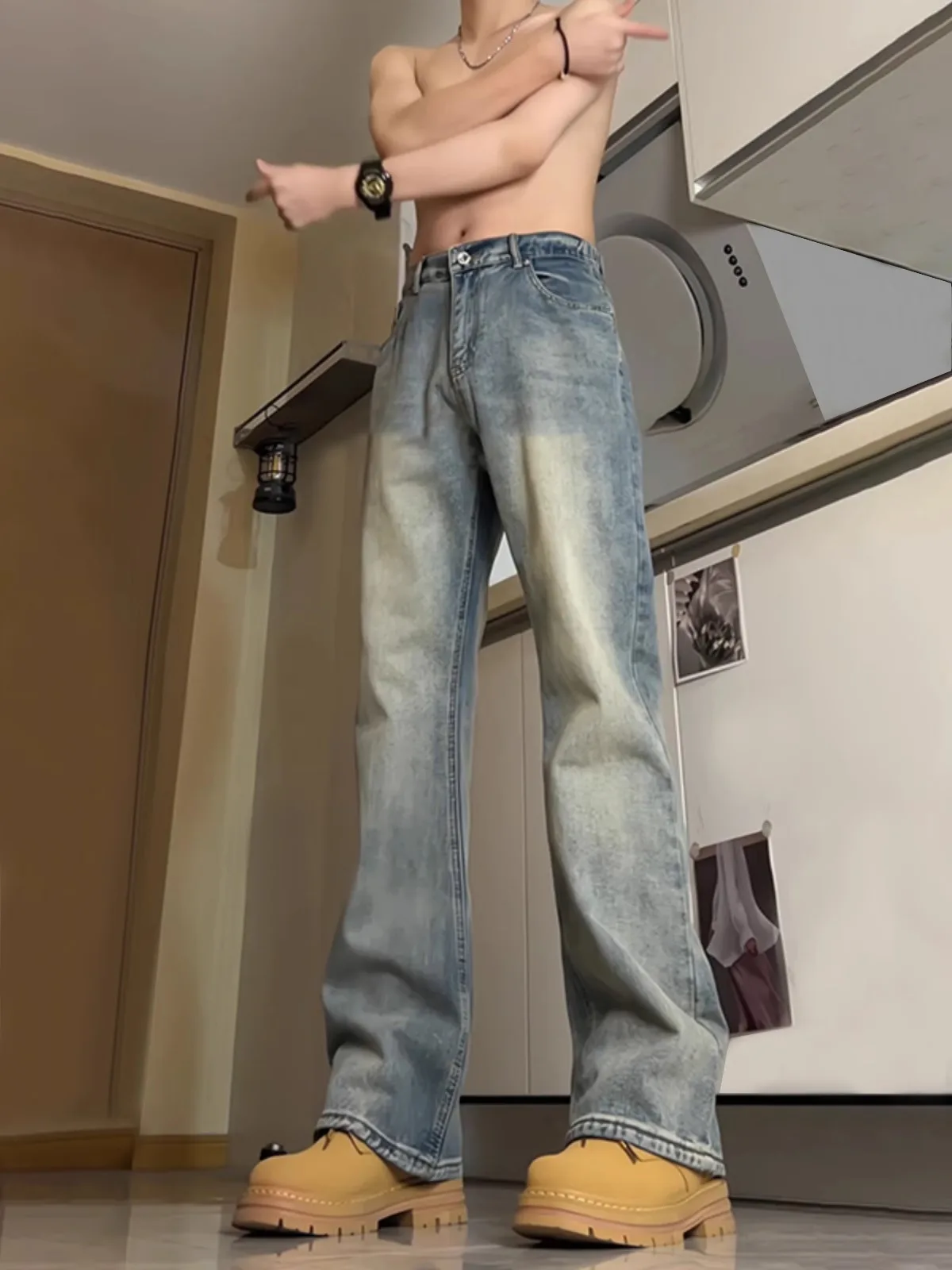 

Retro Blue Fce Lined Slim Fit Men's Jeans Knife High Street Sle Straight Leg Trousers for Autumn Winter