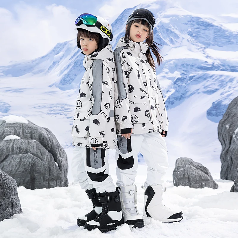 Children Skiing Suit Boy Girl Ski Clothing Pants Set Winter Windproof Warm Outdoor Sports Hiking Snow Clothes Suits Black White