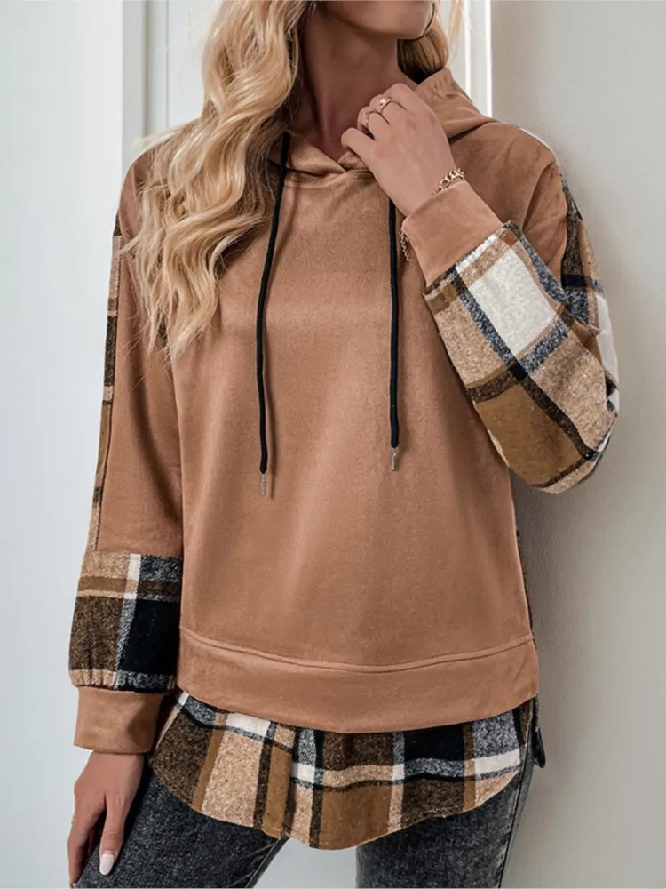 

Women's Clothing Hooded Sweatshirt Casual Retro Long-sleeved Tops Patchwork All-match Loose Simple Style Comfortable Commuting