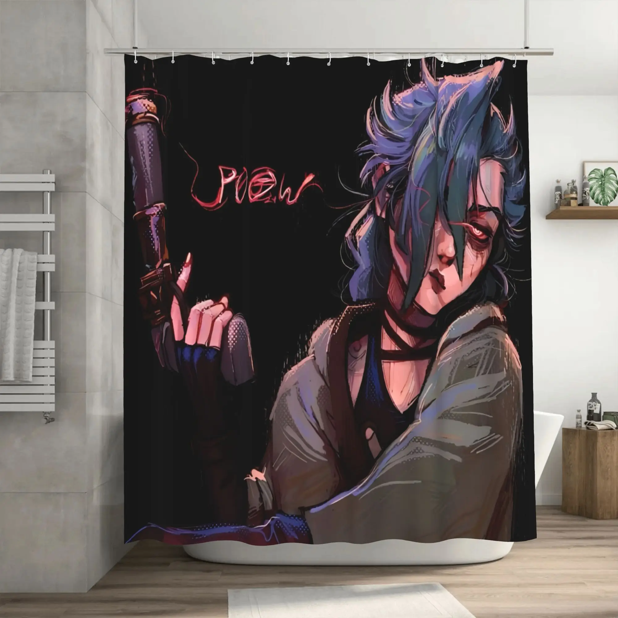 

Jinx Theme Art Shower Curtain, Removable Polyester Fiber with Character Design, Ideal for Enthusiasts and Stylish Bathrooms,
