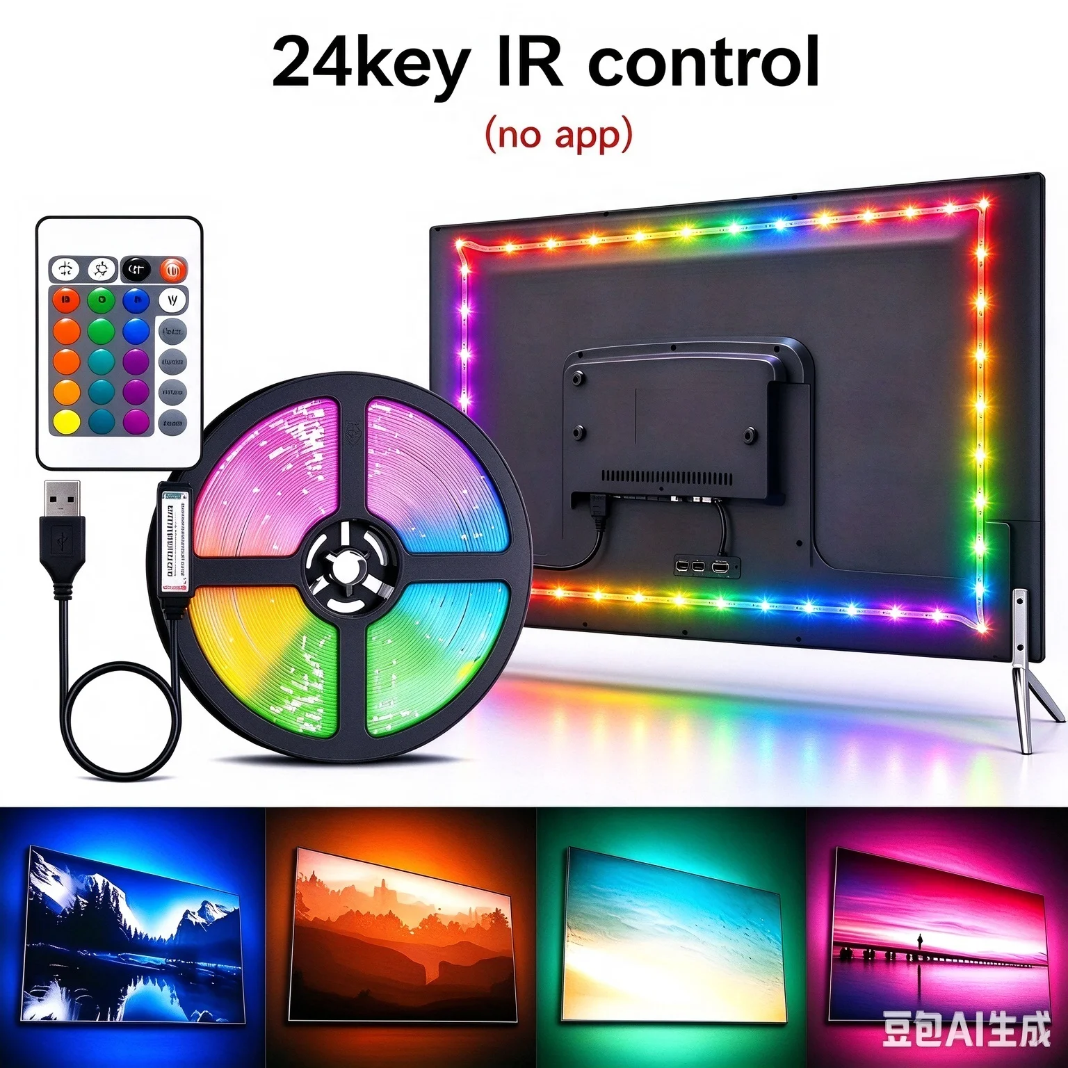 1- 40m Flexible Rgb Led Light Strips with 24-Key Remote Control, USB Powered, Can Be Cut to Size, Suitable for Tv and Computer Backlighting and Home Atmosphere Decoration.