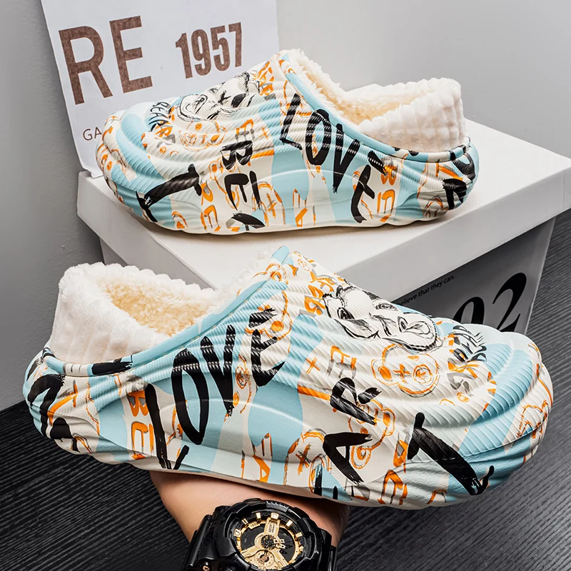 

Зимние мужские тапочки, теплые меховые тапочки, камуфляжные непромокаемые пушистые домашние хлопковые туфли, пушистые плюшевые сабо на каблуке с завернутым каблуком