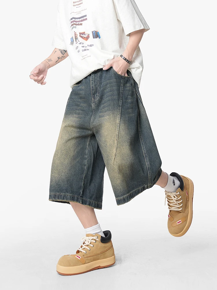 

Американские винтажные рваные джинсовые мужские летние модные уличные свободные широкие брюки до середины икры прямого кроя свободного покроя