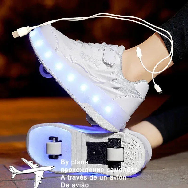 

2024 New 29-40 USB Charging Children Sneakers With 2 Wheels Girls Boys Led Shoes Kids Sneakers With Wheels Roller Skate Shoes