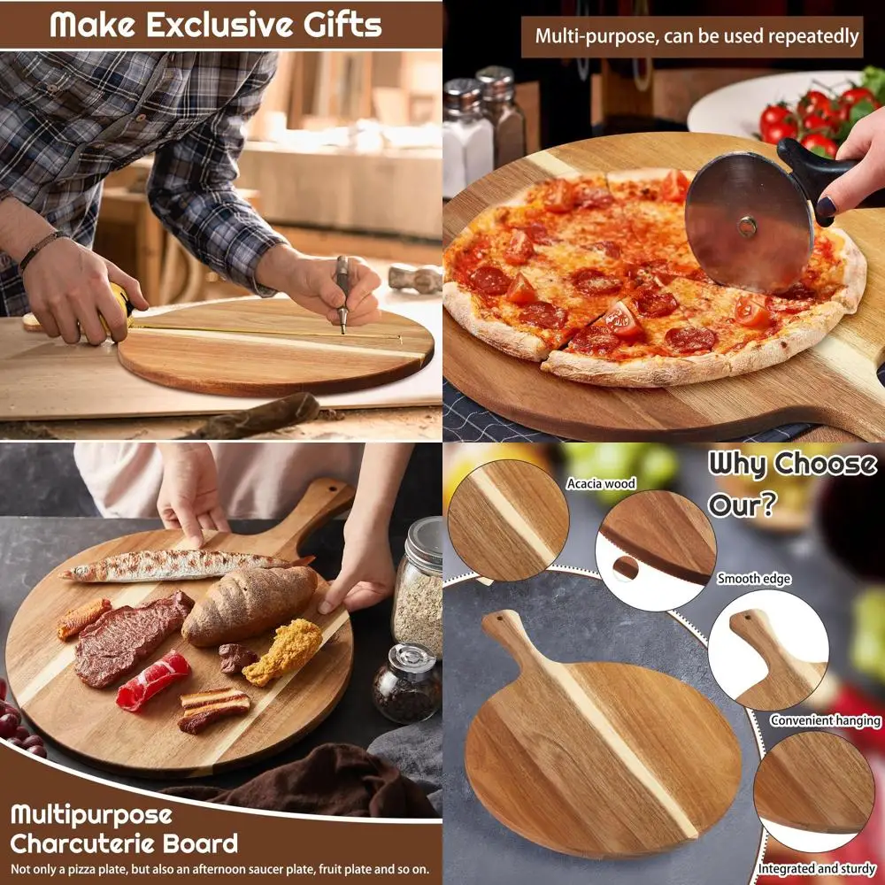 

Set of 6 Acacia Wood Round Cutting Boards, 0.6 Thick, 14x18.9, with Handle for Charcuterie, Chopping, Pizza, Cheese, Meat