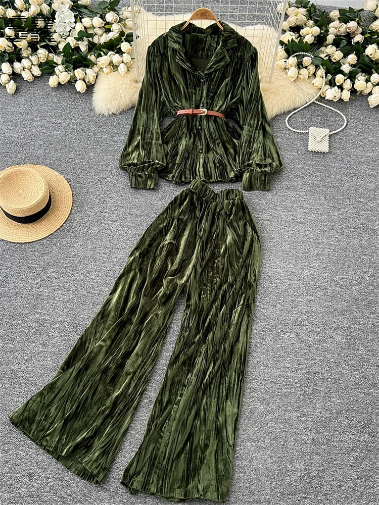 SINGREINY Autumn Senior Velvet Two Pieces Suits Long Sleeve Loose Shirt With Belt+Wide Legs Long Pants Women Casual Thick Sets