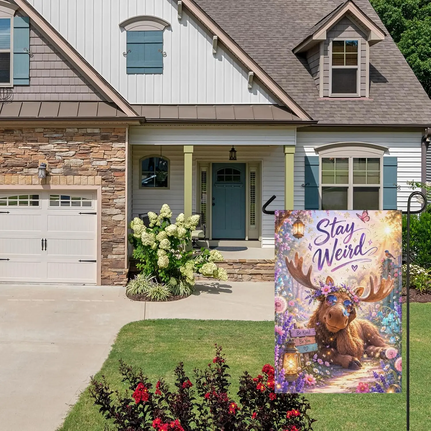 Stay Weird Cute Moose Welcome Garden Flag 28x40 Inch,Funny Floral Farmhouse Yard Banner,Cottagecore Outdoor Decor,Rustic Cou yyi