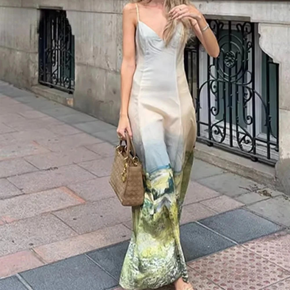 KONDALA elegante estampado Vintage paisaje Mujer Vestidos Bohe vacaciones playa vestido largo moda 2025 verano Chic Vestidos sin mangas