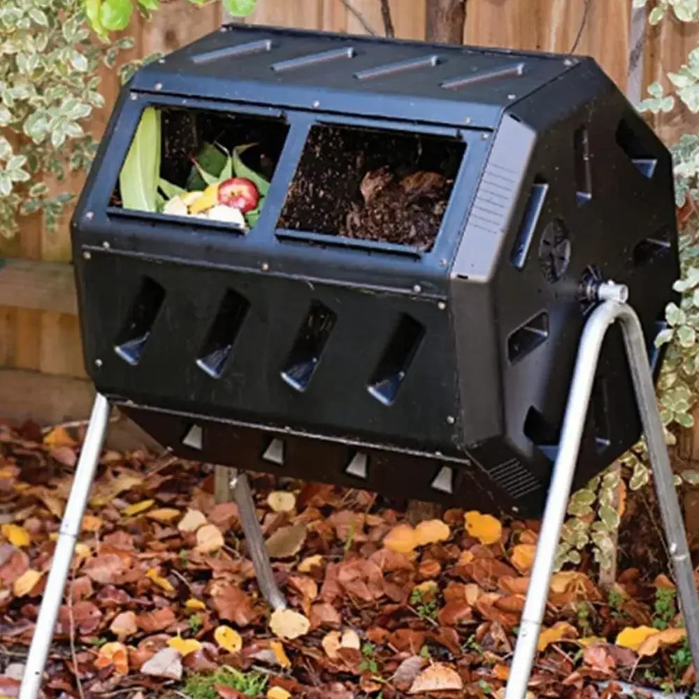 37 Gallon Dual Chamber Tumbling Composter with Wheels, Outdoor Rotating Garden Compost Bin, Black