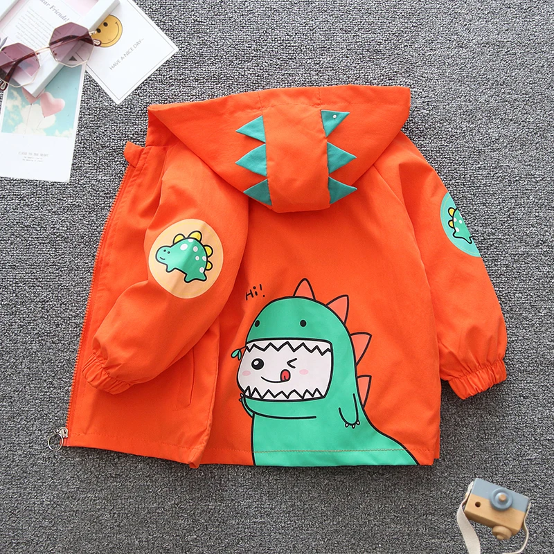 2024 primavera e autunno ragazzi e bambini per il tempo libero Cartoon Dinosaur Splicing Pocket cappotto con cerniera con cappuccio abbigliamento