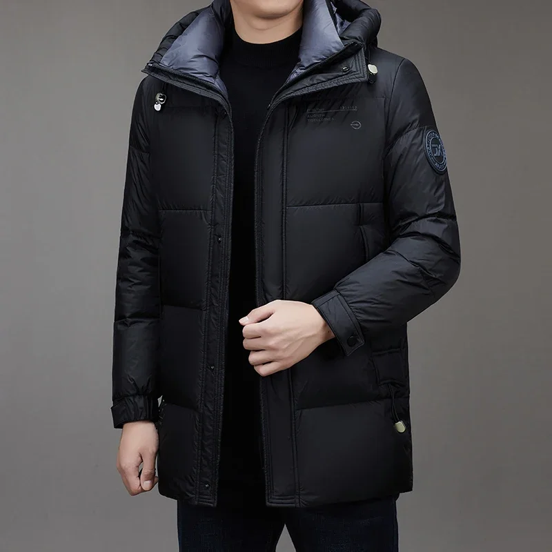 High Quality Down Jacket Men's Long Winter 2024 Trendy 90% White Duck Down Warm Coat Business Casual Hat Lightweight Down Jacket