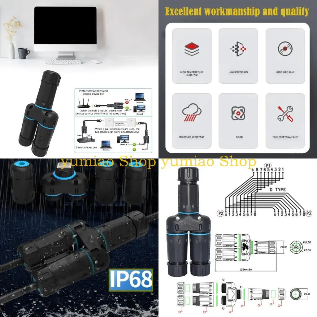 

587B CAT6 RJ45 Ethernet Adapter Splitter Adapter для двойного сетевого соединения IP68 водонепроницаемые 2 устройства сеть