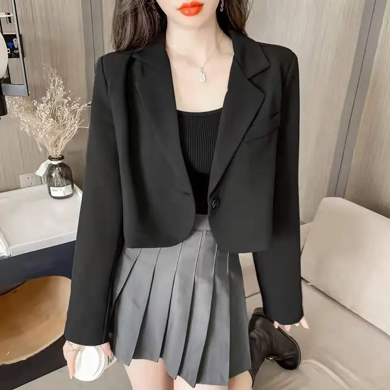 Korean Fashion Cropped Blazers Jacket Women Long Sleeve Office Ladies Streetwear Solid Color Single Button Short Suit Coat New