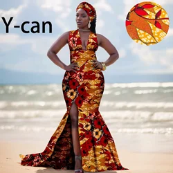 African Ankara Dress 2024 Traditional Wedding Party Gown Deep V Neck Maxi Mermaid Dress with Free Turban Africa Style 2425134