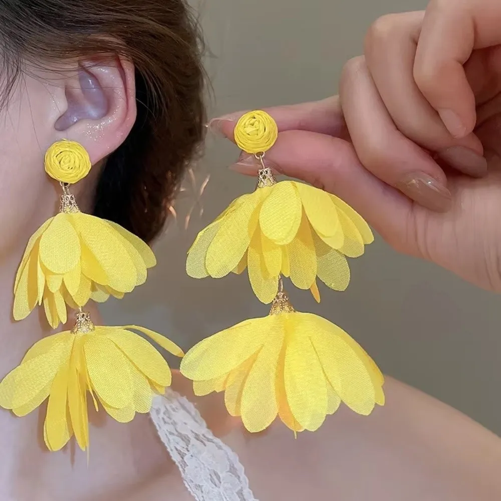 Trendy Exaggerated Chiffon Flower Earrings Colorful Handwoven Fabric Tassel Earrings Boho Style Long Drop Earrings for Women