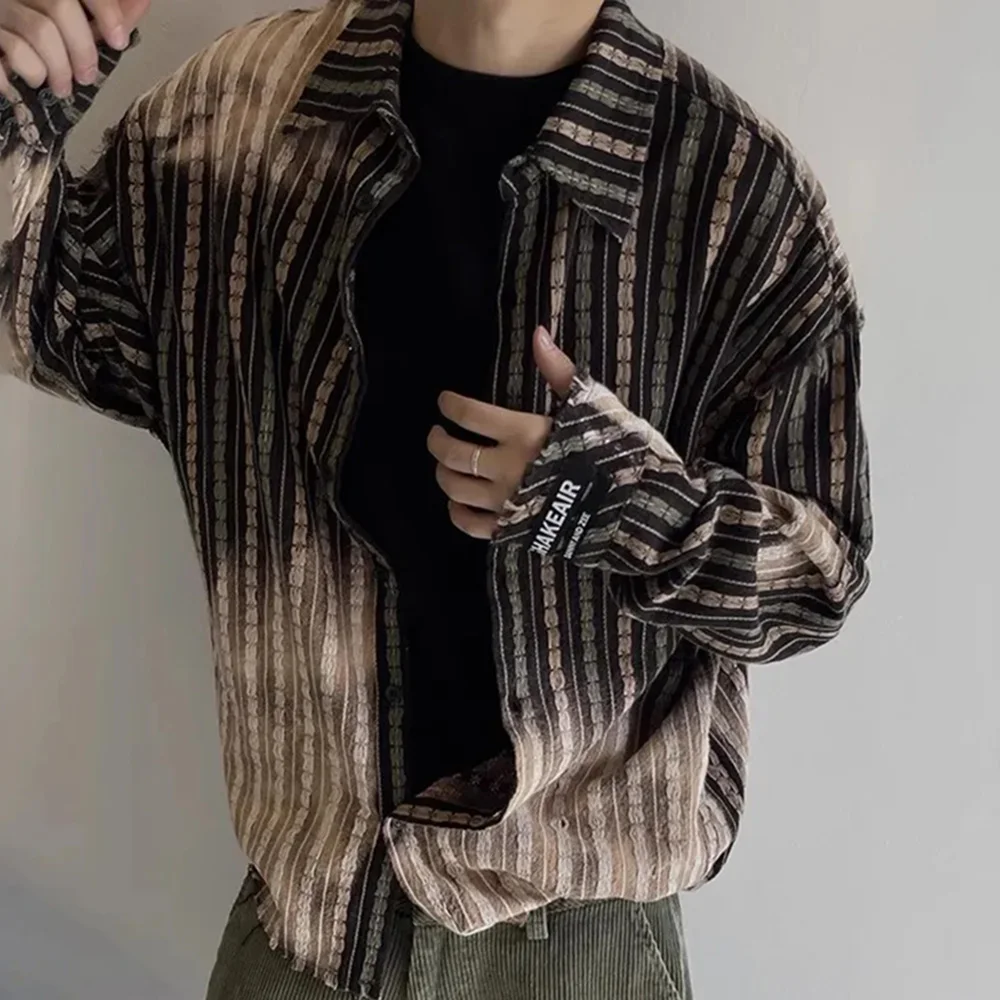 Y2K Mens Shirt Striped Handmade Mottled Faded Long Sleeved Shirt Autumn Washed Daisy Jacquard Vintage Top Men's Clothing 2024